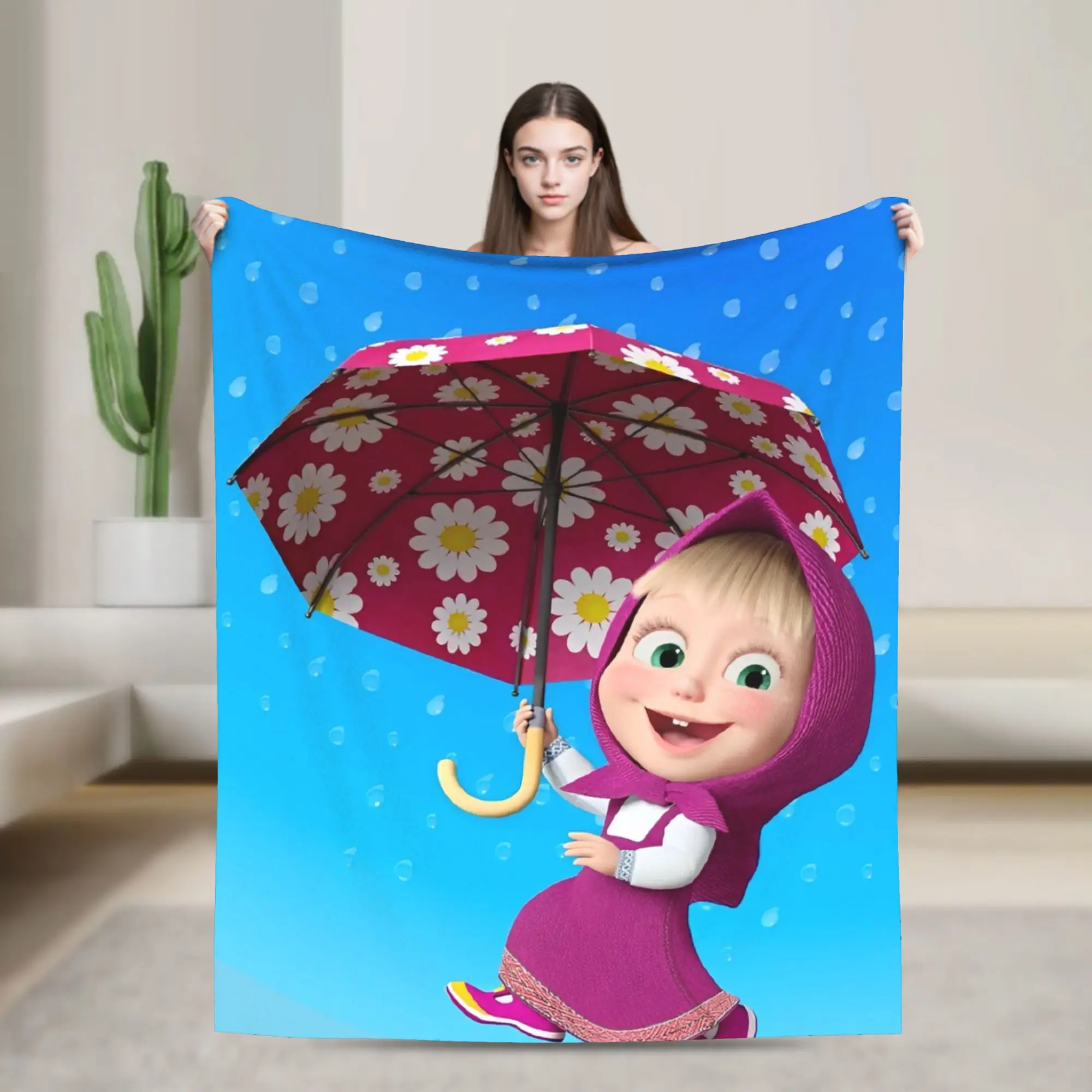 M-Masha And Bear on a rainy day Blankets Flannel Throw Blanket Summer Air Conditioning Portable Soft Warm Bedspreads,