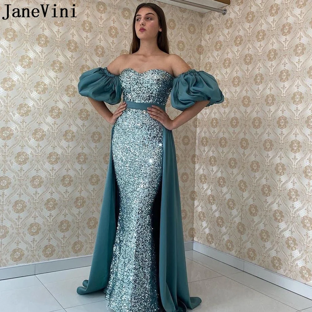 JaneVini Teal Sequined Mermaid Evening Dresses for Women 2022 Elegant Long Overskirt Arabic Prom Dress Formal Party Gowns 2022