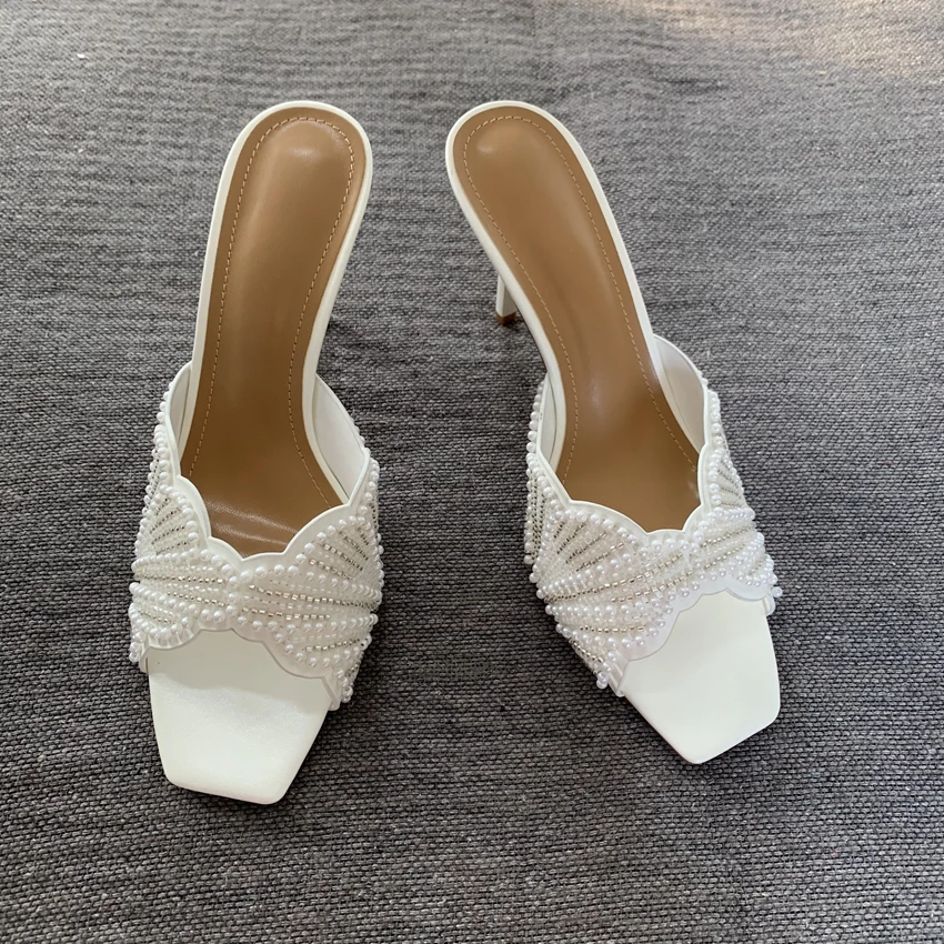 Damen Perlenbesetzte Sandalen mit eckiger Zehenpartie und hohem Absatz, offene Stiletto-Absätze, 2026 Party- und Hochzeitsschuhe, Damen-Sommer-Mules – Detail 6