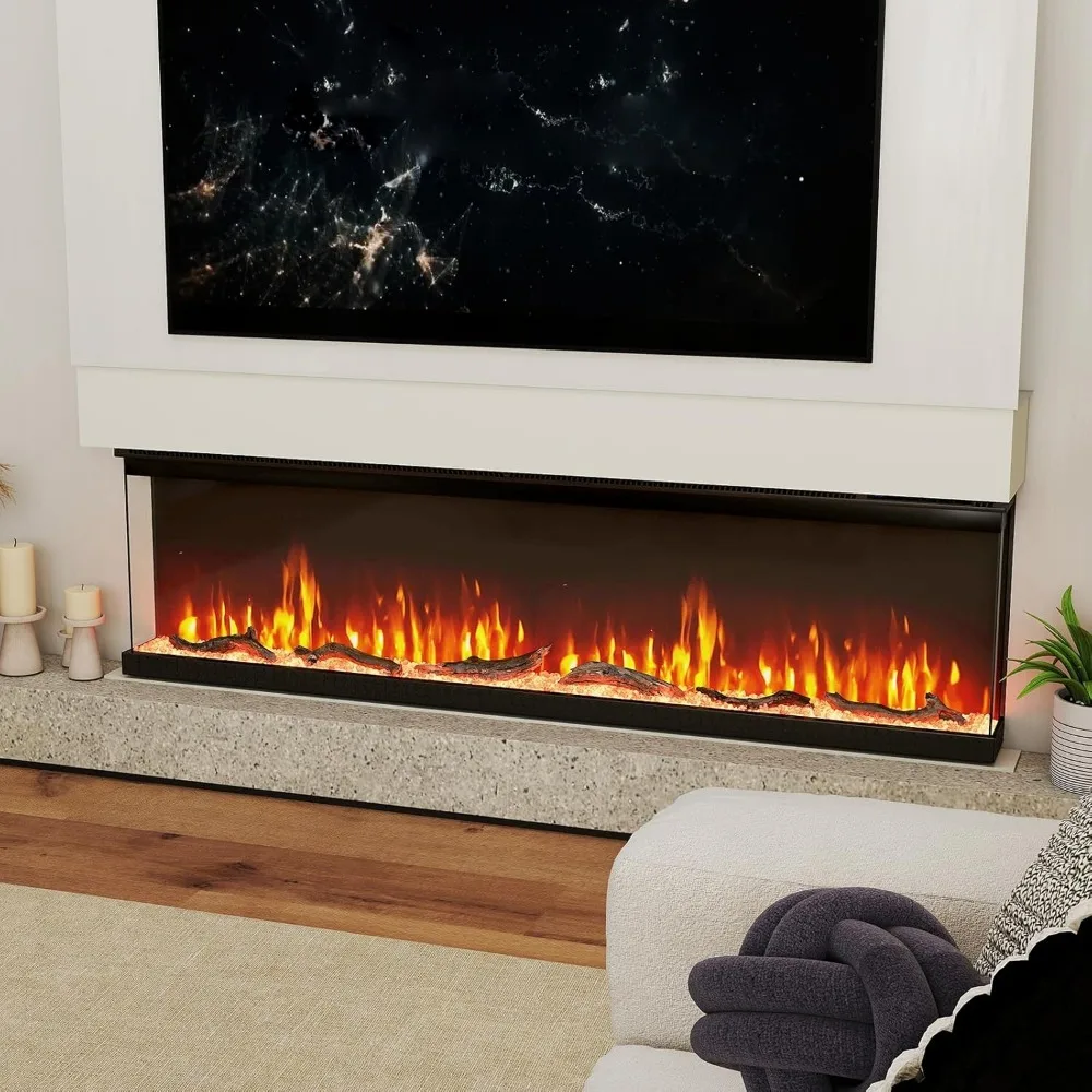 

60 Inches 3-Sided Electric Fireplace Insert, 750W/1200W Recessed Fire Places Heater with 12 Flame Colors, 5 Brightness
