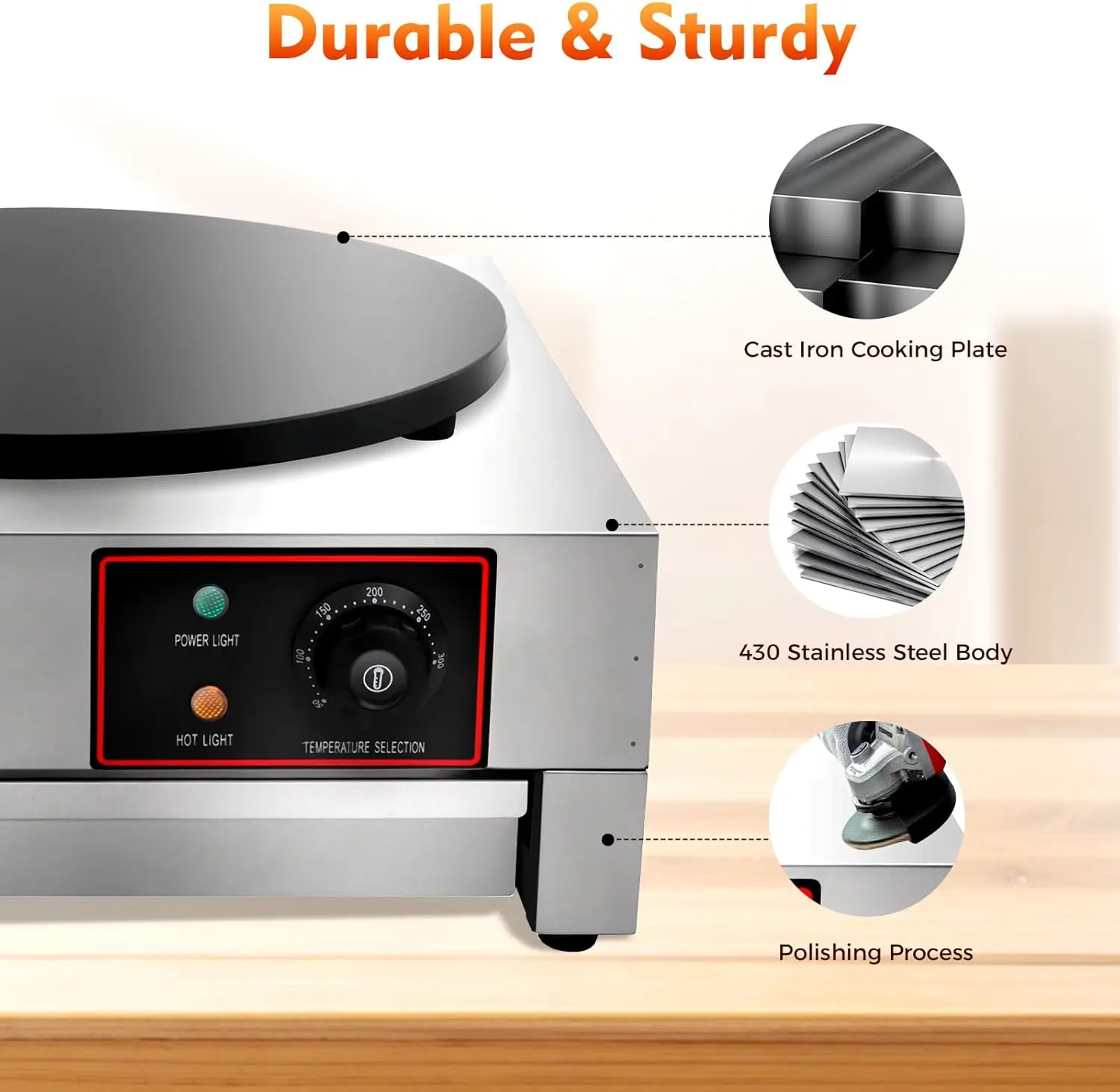 Kommerzieller elektrischer Crêpes-Maker, 1700 W, 16-Zoll-Edelstahl-Grillplatte mit antihaftbeschichteter Crêpes-Pfanne, verstellbar 50–300