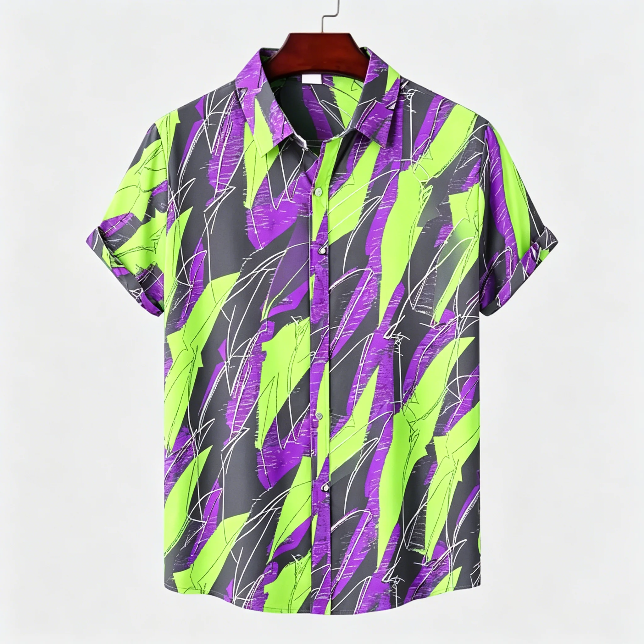 

Men's Spring Summer Lapel Shirt, Neon Abstract Graffiti Print Casual Tops for Daily Street Vacation Outfit