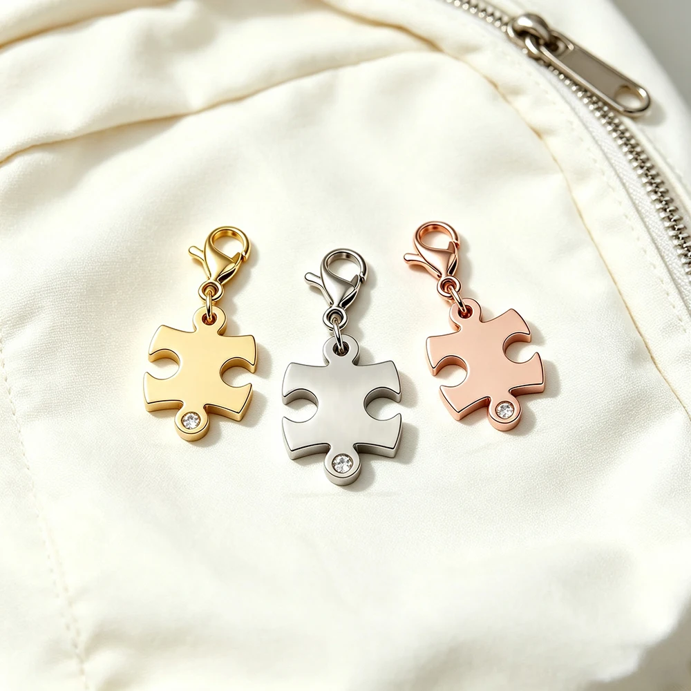 Fnixtar 10pcs Puzzle Key Chains Crystal Jigsaw Puzzles Couple Keychain Charms Pendant Stainless Steel DIY Jewelry Friends Gift