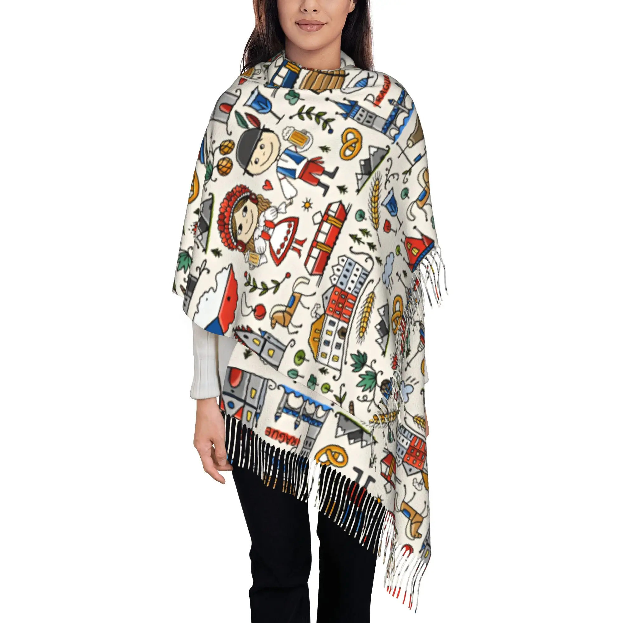 Custom Female Large Cute Prague Czech Folk Travel Doodle Scarves Women Winter Fall Thick Warm Tassel Shawl Wraps  Scarf