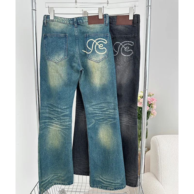 

Vintage Blue Jeans for Women Printing High Waist Fashion American Streetwear Wide Leg Jean Female Trouser Baggy Denim Pants