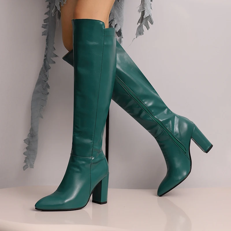 2024 NEW Autumn Red PU Leather Long Boots Womens Fashion Pointed Toe Zipper High Heels Shoes Green White Ladies Knight Bootties