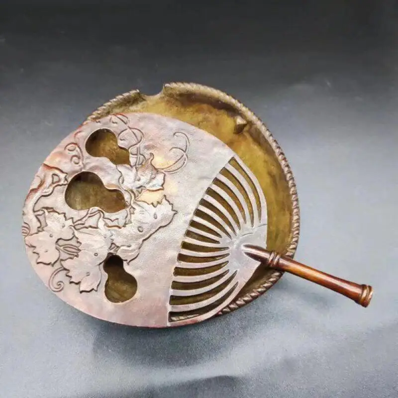 

Antique Copper Carving zhuluo Fan shaped Cover Incense Burner Home Office Desktop Decoration Creative Retro Crafts