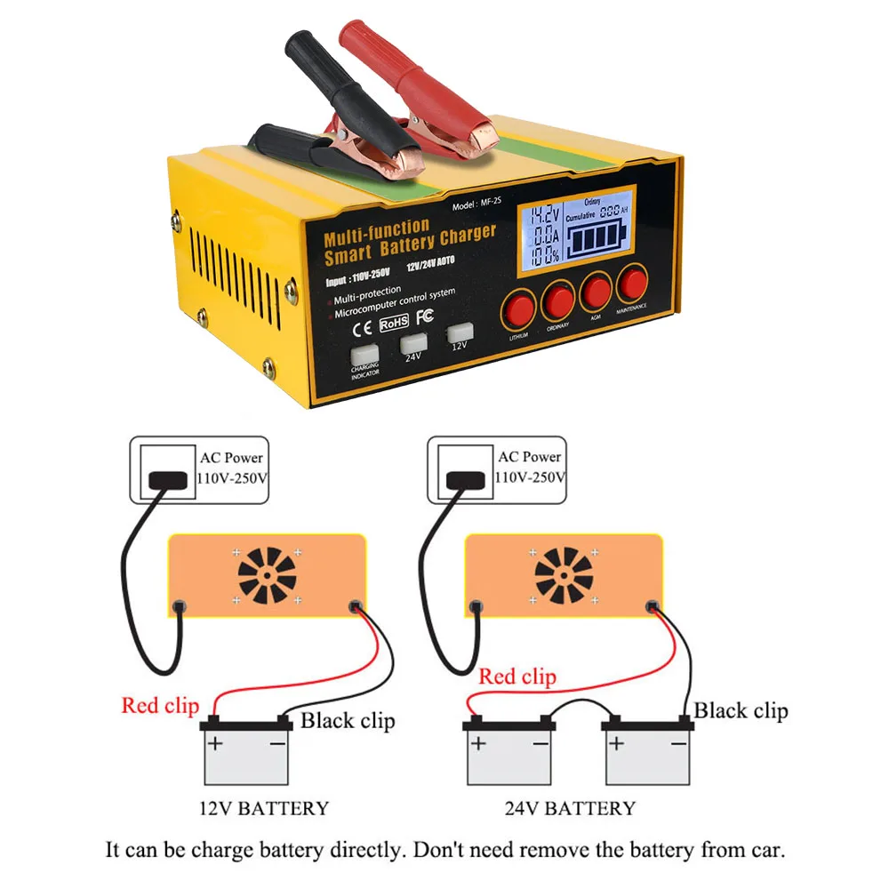 Ładowarka samochodowa AGM 12V12A 24V8.5A 220W wyświetlacz LED naprawa impulsów ładowarka 110V-250V wejście ciężarówka ładowarka motocyklowa