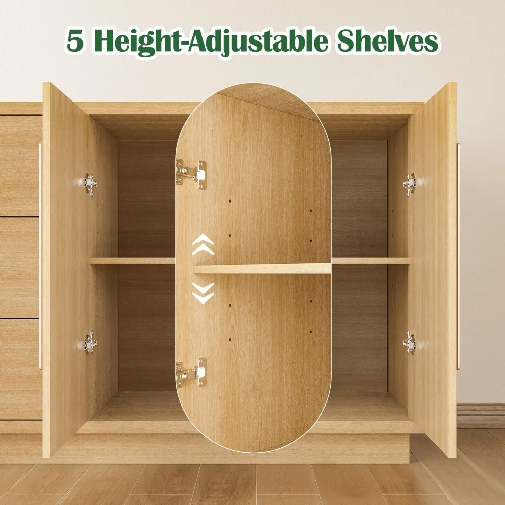 溝付きビュッフェサイドボードキャビネット（収納付き）、55インチモダンなクレデンザ収納キャビネット（3つの引き出し、2つのドア、調節可能な棚付き）