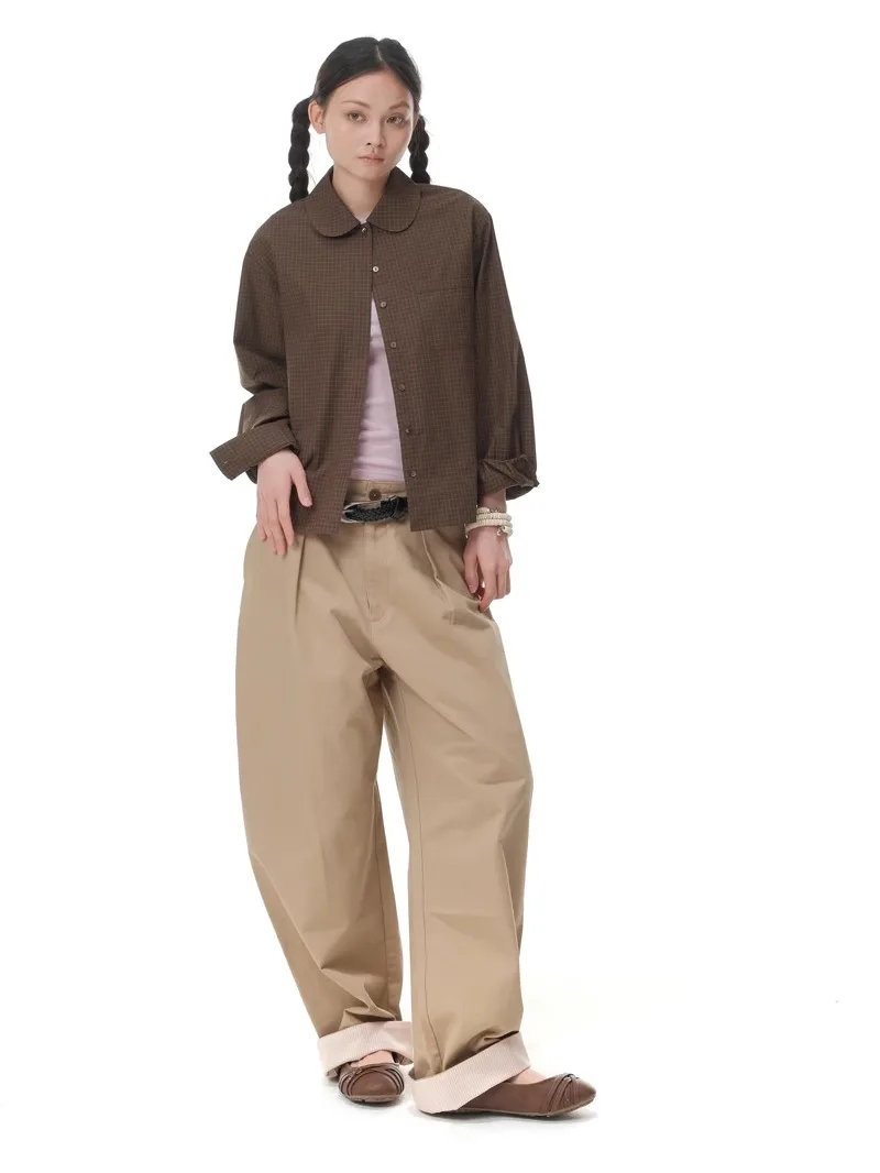 

High Densi Cotton Plaid irt Deep Brown Pattern Pan Peter Collar Original Design Loose Fit Women's Spring Faion Pure Cotton