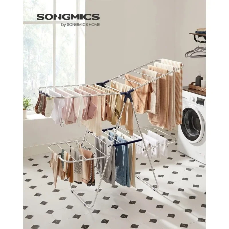 Clothes Drying Rack, Foldable 2-Level Laundry Drying Rack, Free-Standing Large Drying Rack, with Height-Adjustable Wings