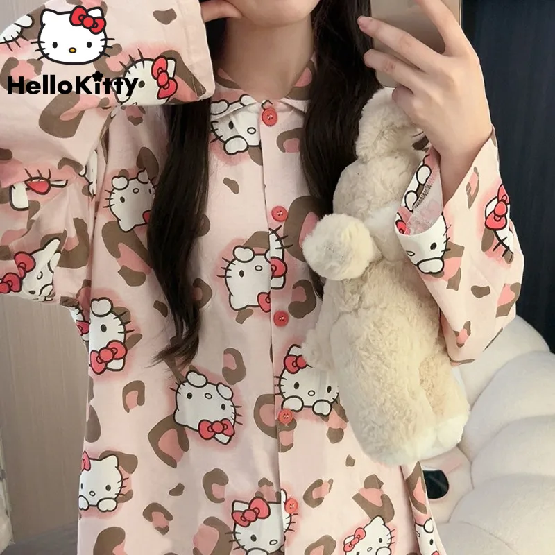 Sanrio Cartoon Hello Kitty Pajamas Women Spring New Long Sleeve Top Shirt Pants Cute Home Clothes 2 Piece Set Y2k Sleepwear Suit