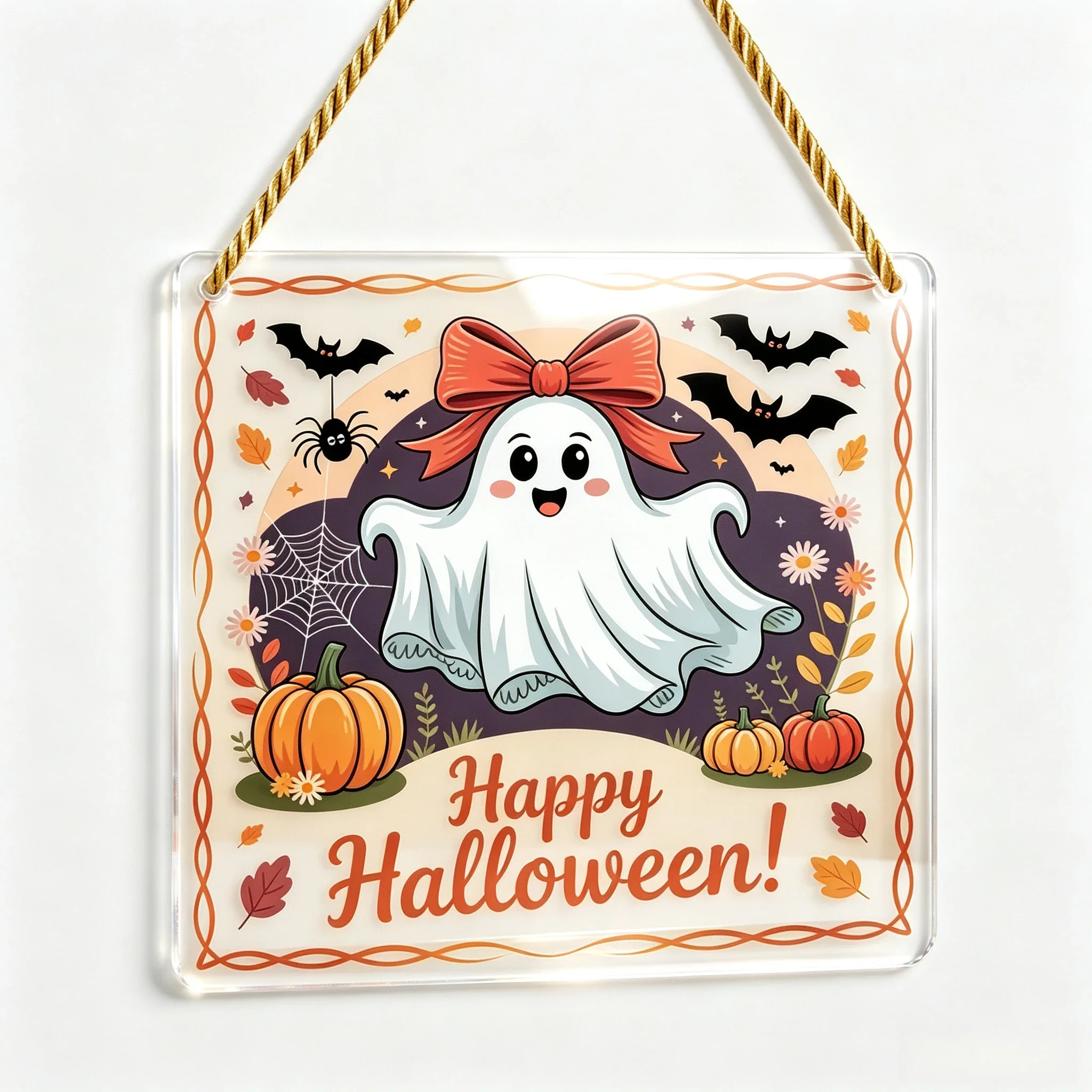 Cute Bow Ghost Square Acrylic Hanger, Spider Web Autumn Floral Halloween Wall Ornament