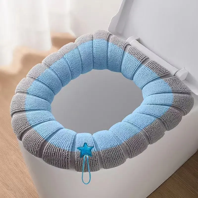 Winter Warm Toilet Seat Cover Washable Bathroom Toilet Pad Cushion With Handle Thicker Soft Mat Knitting Warmer Closestool Mat