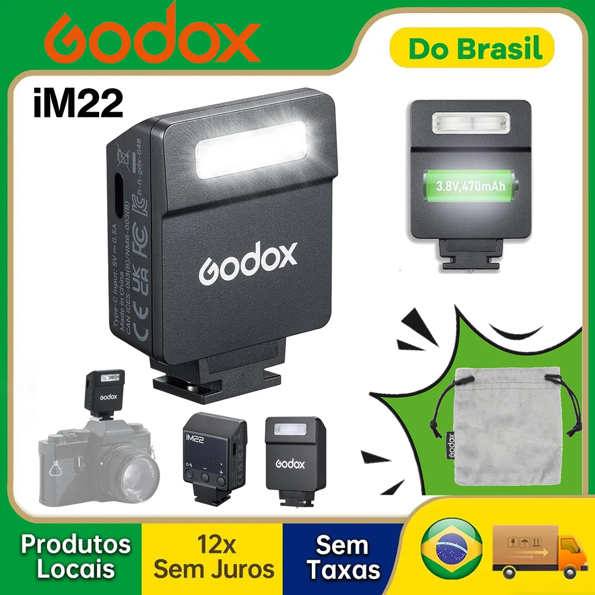 godox-im22-カメラフラッシュ、内蔵バッテリー、5段階フラッシュパワー、キヤノン-ソニー-富士フイルム-ニコン-パナソニック-オリンパスカメラ対応
