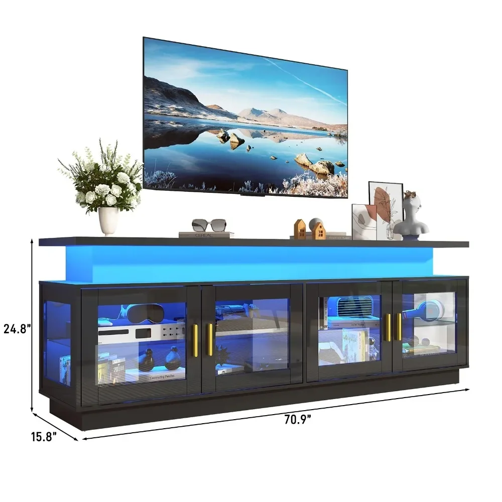 71" LED TV Stand with Power Outlet, Fits 85" TV, Modern High Gloss Gaming Entertainment Center with Glass Door and Storage