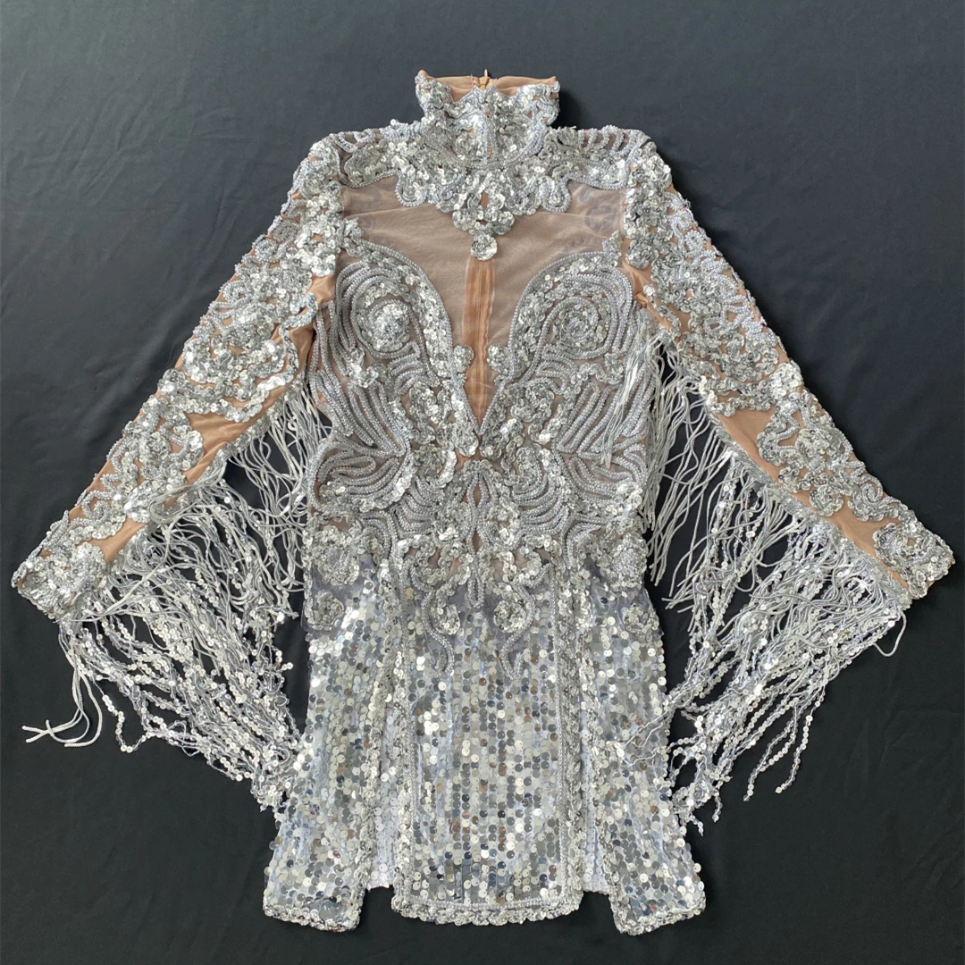 Shining Silver Sequins Tassel Party Dress Women Nightclub Deep V Perspective Fringes Dress High Slit Latin Dance Stage Dress