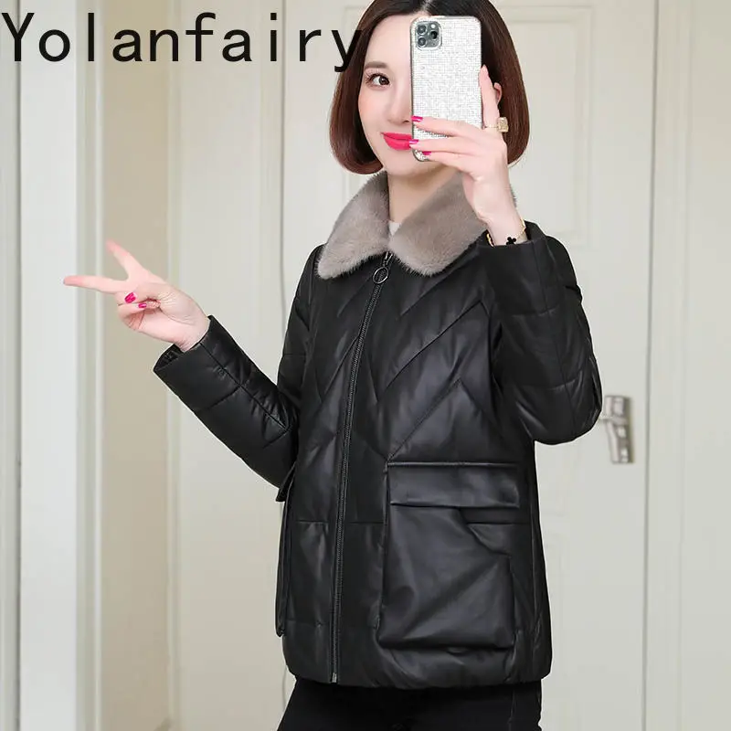 YOLANFAIRY Leder Jacken Frauen Echtem Schaffell Mäntel Kurze Winter Weiße Ente Unten Liner Jacke Nerz Pelz Kragen Kleidung Neue