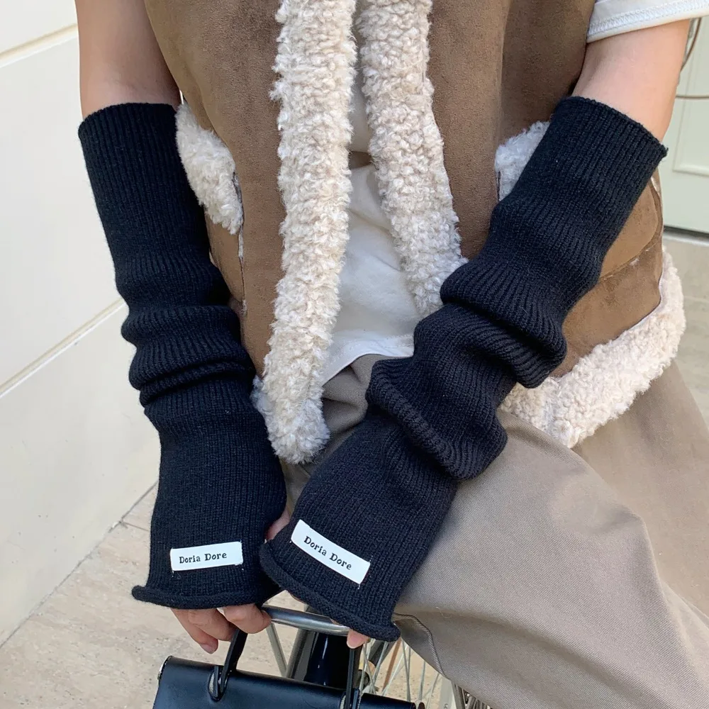 Hand Covers Korean Style Knitted Warm Sleeves Hole Solid Color Woolen Arm Gloves Sweet Elastic Long Fingerless Sleeves Cycling