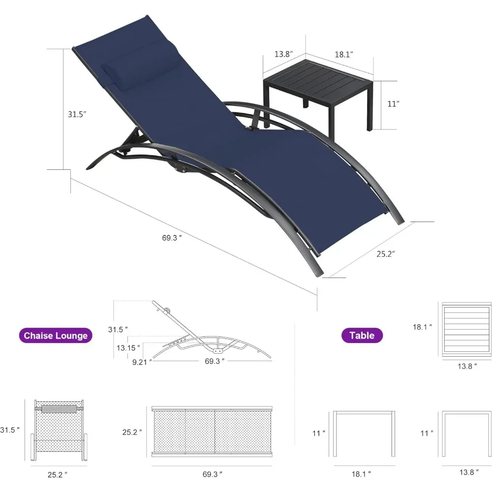 Patio Chaise Lounge Set Outdoor Beach Pool Sunbathing Lawn Lounger Recliner Outside Tanning Chairs with Arm (Standard Size)