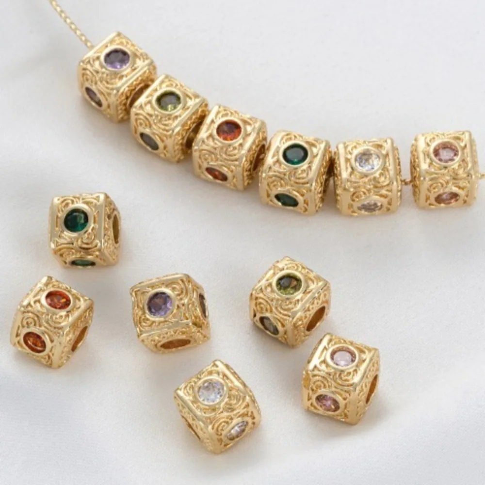 

Copper Bead 14K Gold Color Retro Pattern Four Sides Zirconium Square Bead Separator DIY Handmade Beaded Jewelry Accessories