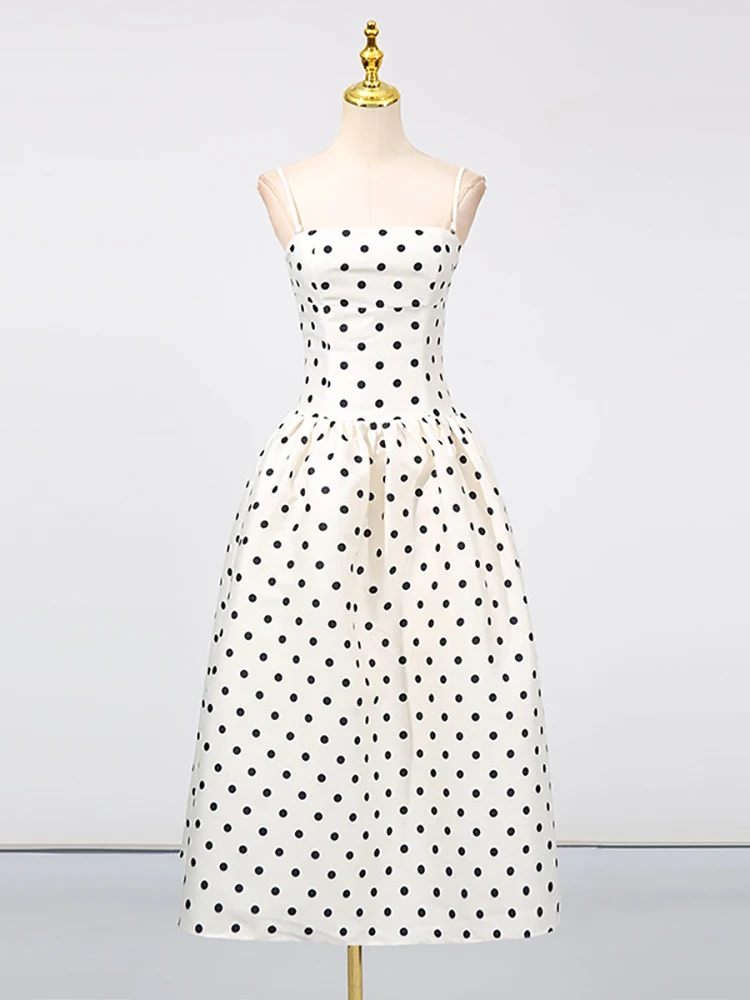 섹시한 스파게티 스트랩 폴카 도트 A라인 드레스 여성용 민소매 스퀘어 넥 하이 웨이스트 롱 드레스 우아한 이브닝 파티 가운