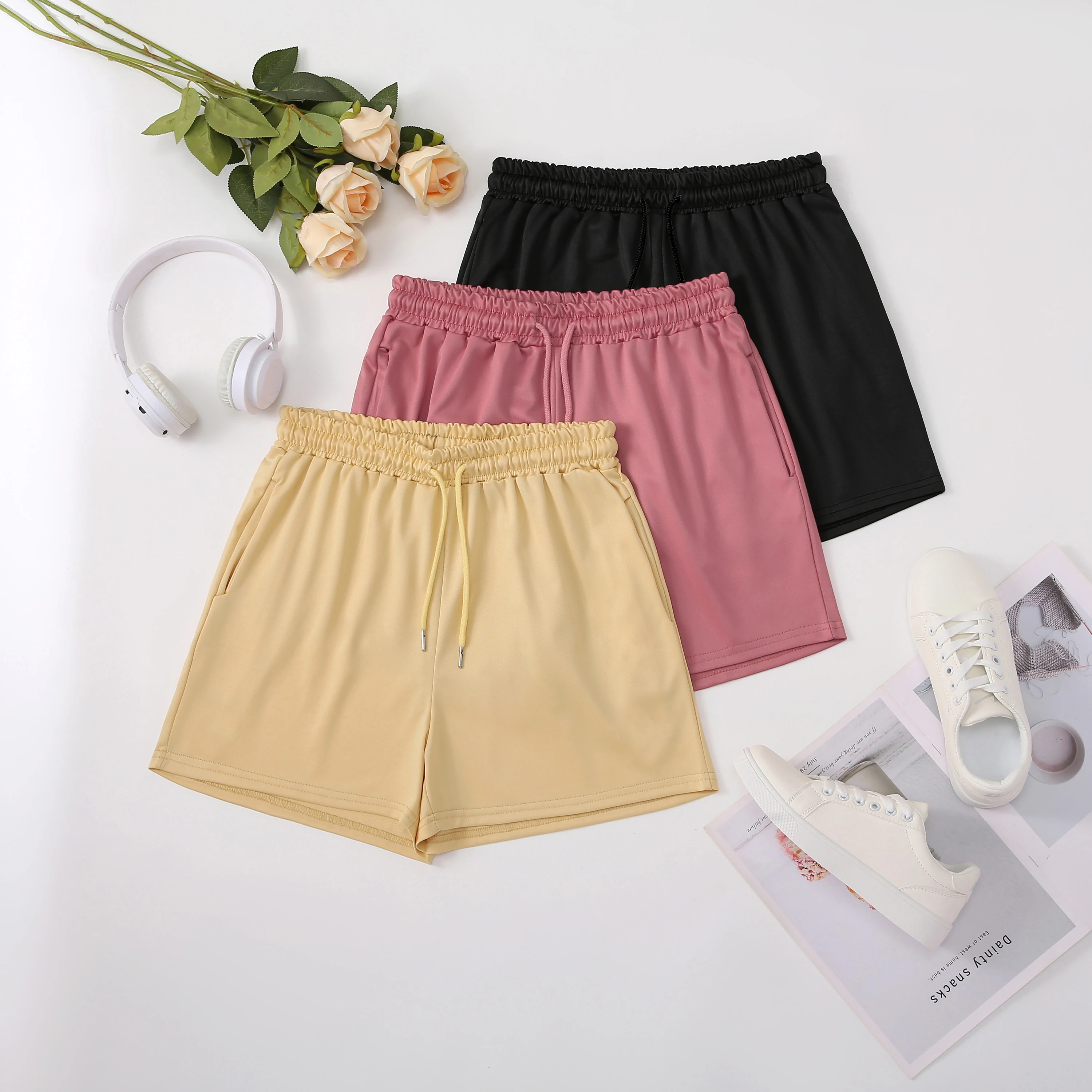 

3Pcs Drawstring Shorts, Casual Elastic Waist Pocket Shorts For Spring & Summer, Women's Clothing