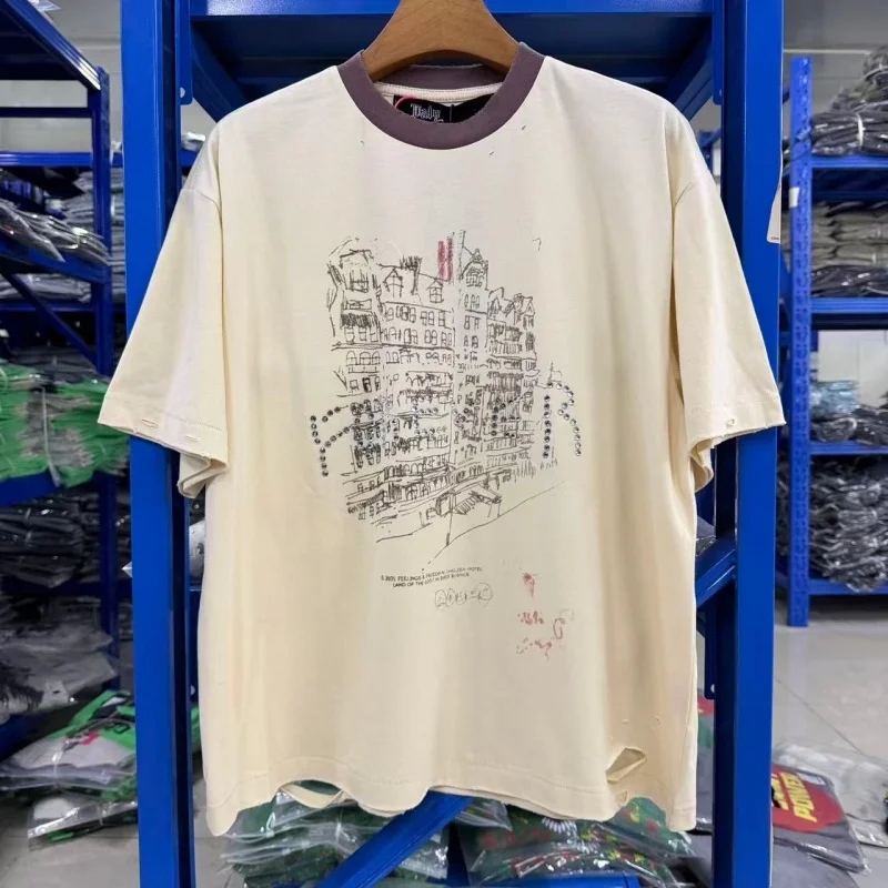 Vintage Washed Oversized Men Cotton T-Shirt PALY Distressed City Sketch & Retro Portrait Print Tee