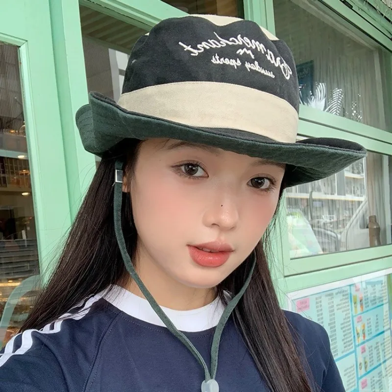 

Japanese Spring and Summer Outdoor Contrasting Color Embroidered Bucket Hat Men and Women Big Brim Sunshade Western Cowboy Cap