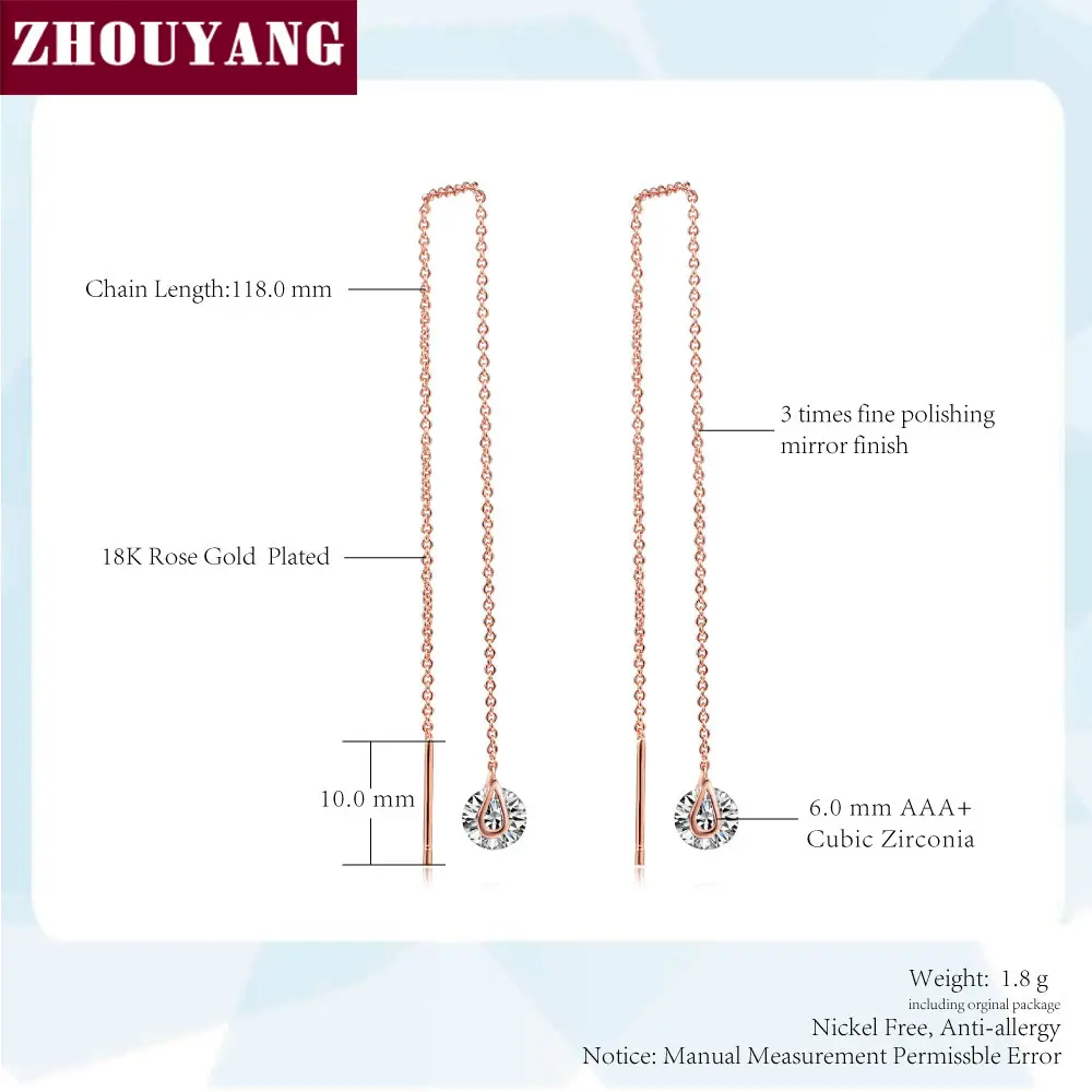 ZHOUYANG Chain Earring For Women 6mm Cubic Zirconia 11CM Length Ear Line Rose Gold Color Fashion Jewelry Gift ZYE549 ZYE100