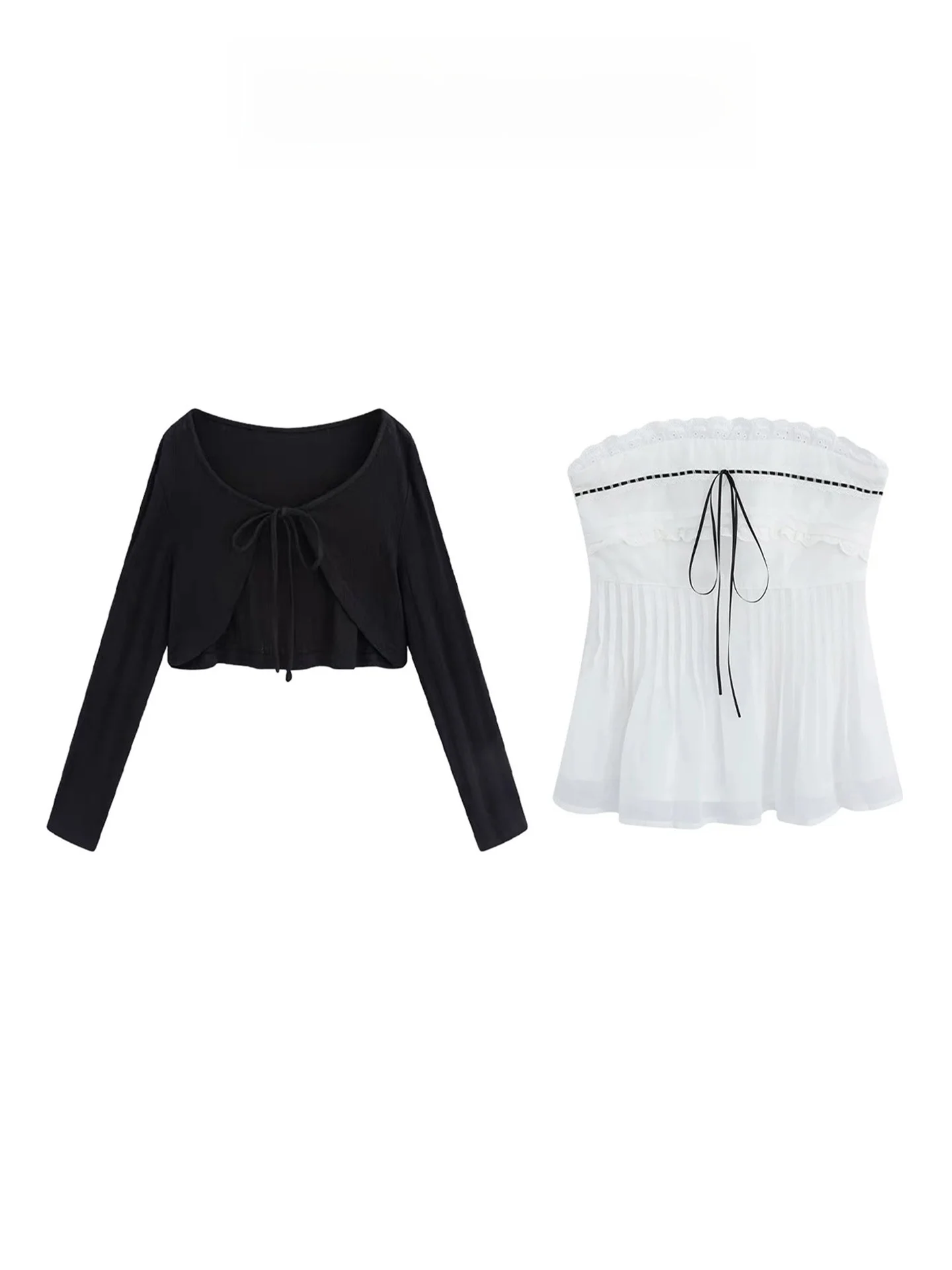 

Pure Desire Sexy Girl Lace Trim Tube Top Vest Short Style Belted Black Open Cardigan Outerwear Two Piece Set for Casual Wear