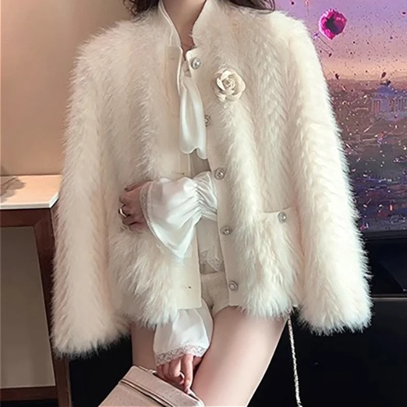 معاطف نسائية من الفرو الصناعي سترات متينة سميكة ثلاثية الأبعاد على شكل حرف O وأكمام طويلة واحدة الصدر فضفاضة مناسبة غير رسمية لخريف وشتاء 2025