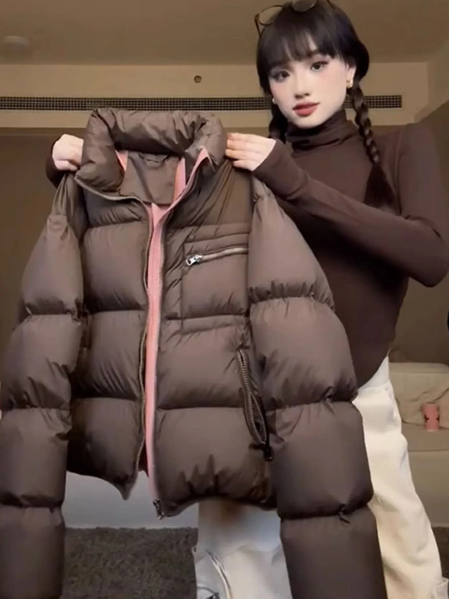 

Sli ort Women's down Jaet Ultra-Modern Coffee Color High Waist Thiened Outerwear Faionable Winter Coat