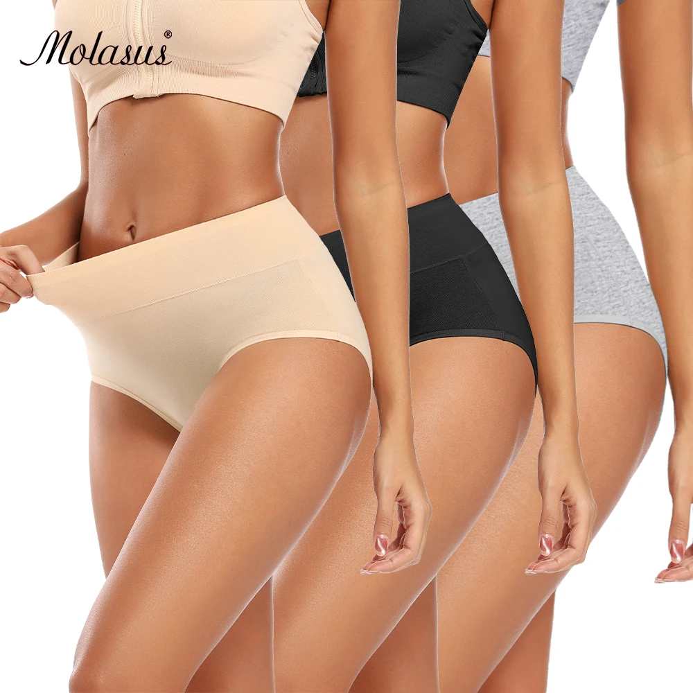 Molasus Women Soft Cotton Panties Seamless Belly Control Underwear Ladies Plus Size Briefs Breathable Black High Rise Underpants