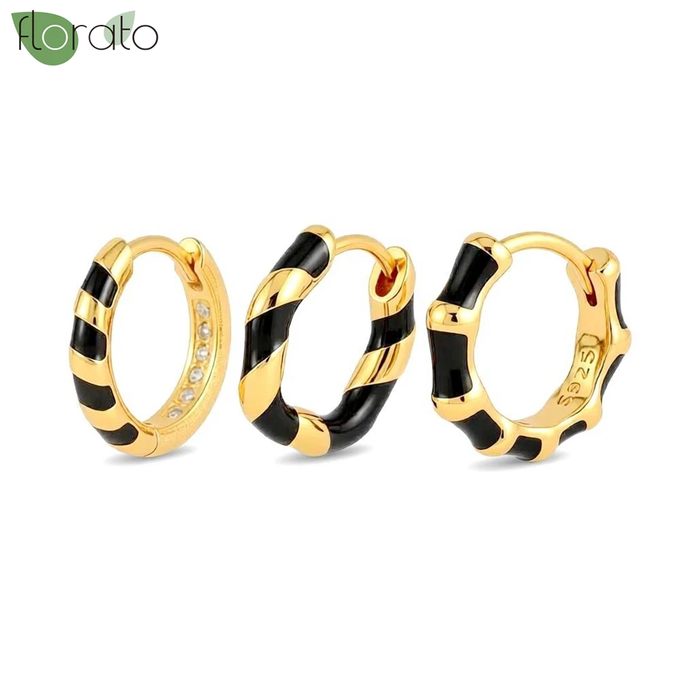 

925 Sterling Silver Needle Fashion Black Enamel Hoop Earrings for Women Punk Circle Small Earrings Fashion Jewelry Accessories