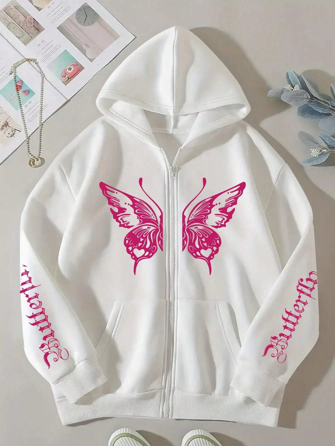 

Women's White Zip-Up Hoodie with Pink Butterfly Print & Sleeve Lettering, Casual Fall Outfit