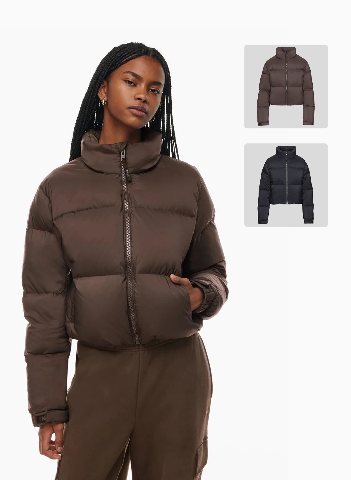 

Черный и темно-коричневый короткий пуховик Aritzia TNA с тремя панелями, воротником-стойкой на белом утином пуху и скрытым капюшоном