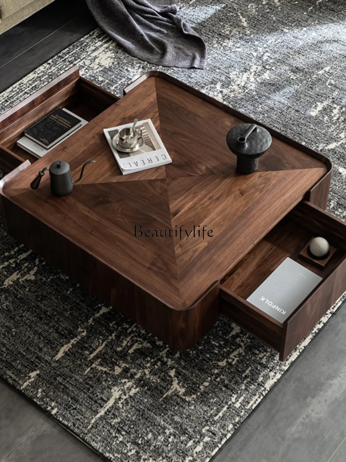 Italian Minimalist North American Black Walnut Solid Wood Coffee Table Square Storage Modern Simple Coffee Table