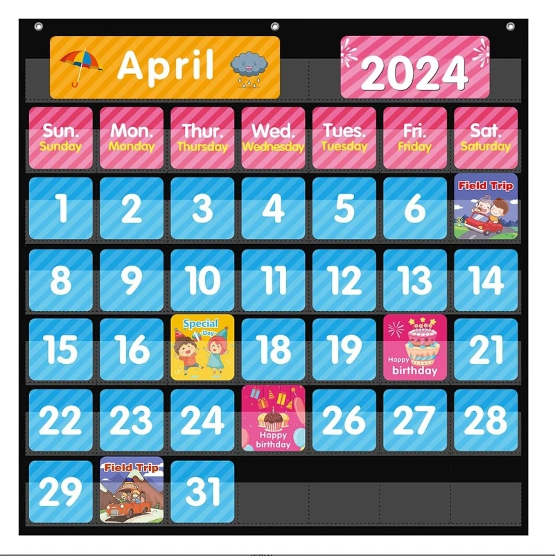 Large 44 Pockets Calendar Pocket Chart for Classroom Monthly Calendar and Weather Pocket Chart for Kids Learning for Home School