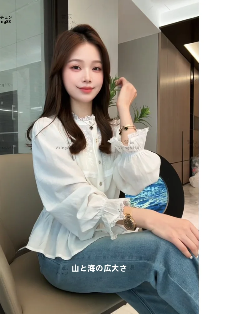 

Рубашка Xuanxuanchen Qingye Water Lily с длинным рукавом: элегантный дизайн, повседневный свободный крой, кружевные детали, антивозрастной эффект, весенняя коллекция