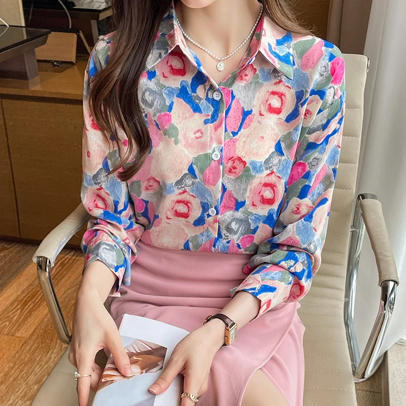 Women Spring Fashion Loose Printing Chiffon All-match Polo-Neck Long Sleeve Shirts Women Clothes Casual Office Lady Trend Tops