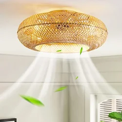 Ceiling Fan with Led Lights Rattan Hand-woven Caged Ceiling Fan for Bedroom Kitchen Ceiling Fan with Light Remote Controller