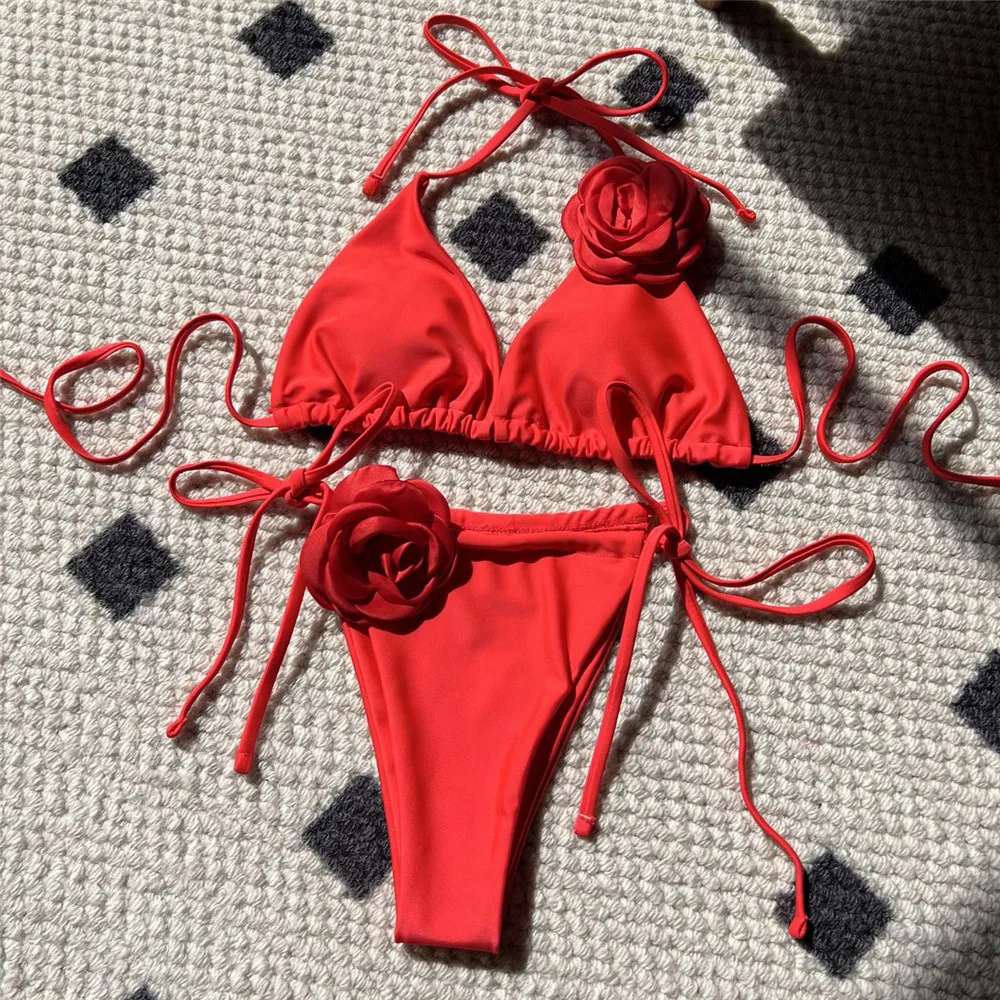3D Flower White Triangle String Halter Bikinis 2026 Mujer Swimwear Women Sexy Swimsuits Bathing Suit Brazilian Bikini Set Bather
