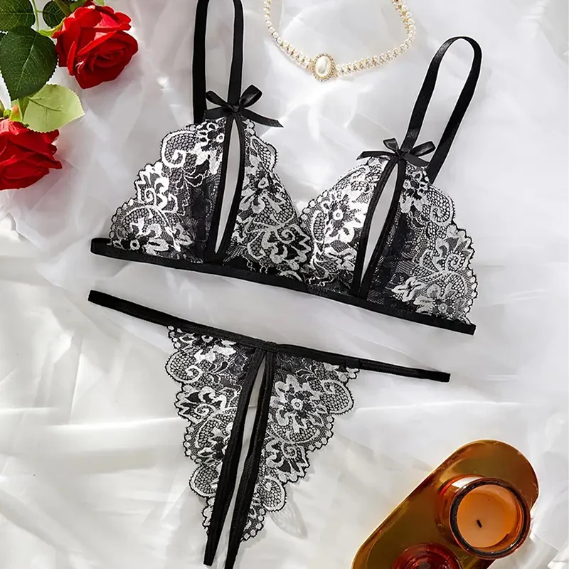 Black Hot Crotchless Sexy Women Lace Lingerie Temptation Transparent Push Up Sex Bras Porn Open Bra Underwear Set Erotic Costume
