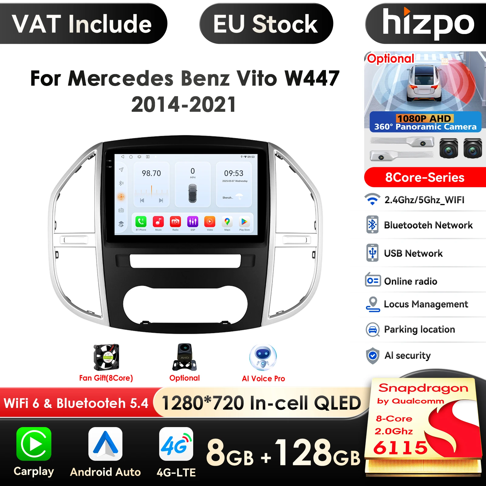 Hizpo 10.1 pouces 6115 autoradio Android pour Mercedes Benz Vito W447 2014 - 2021 Navigation GPS Carplay 4G Autoradio stéréo Snapdragon par Qualcomm 8-Core 2.0Ghz 6115 QLED Audio FM RDS 360 °   Unité principale de caméra ADAS SWC DAB Bluetooth DVR