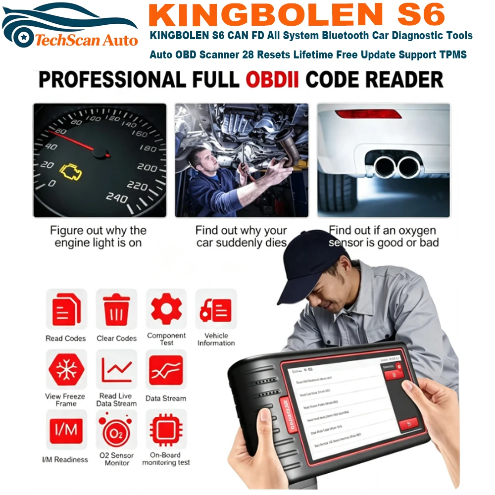 KINGBOLEN S6 CAN FD All System Bluetooth Car Diagnostic Tools Auto OBD Scanner 28 Resets Lifetime Free Update Support TPMS
