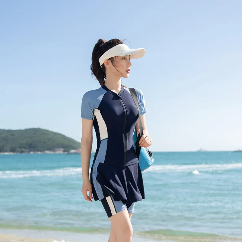 Women Three Piece Rash Guard Short Sleeve Swimsuit Swim Shirt with Shorts Skirt Modest Bathing Suit UPF 50+ Sun Suits Beachwear