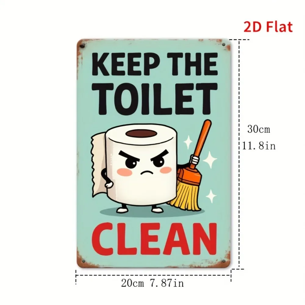 Tin Sign - Cartoon Angry Toilet Paper Broom Keep Toilet Clean Vintage Durable Metal Plaque Wall Decor, Home Cafe Bathroom Restro