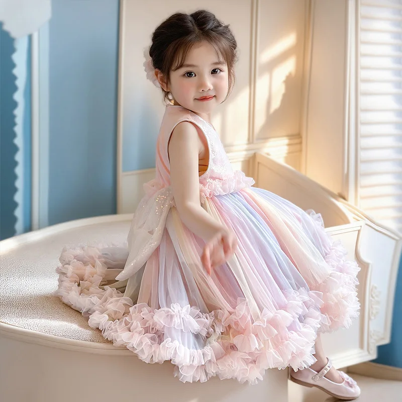 

Korean version of women's treasure rainbow cake dress summer 2025 new mesh performance princess dress children's clothing trend