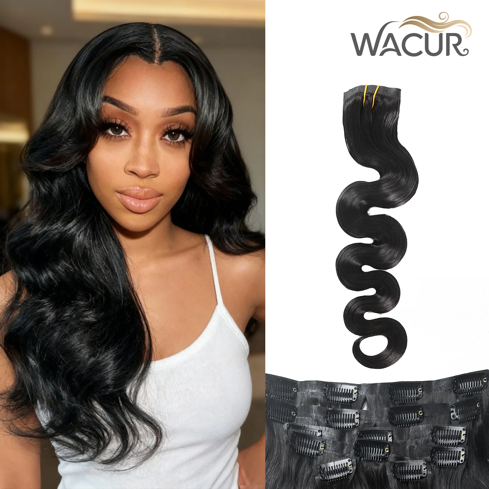 وصلات شعر بمشبك مموج للجسم، شعر بشري 100% # 1B لون أسود طبيعي 110 جرام/مجموعة 6 قطع شعر عذراء غير مرئي من البولي يوريثان